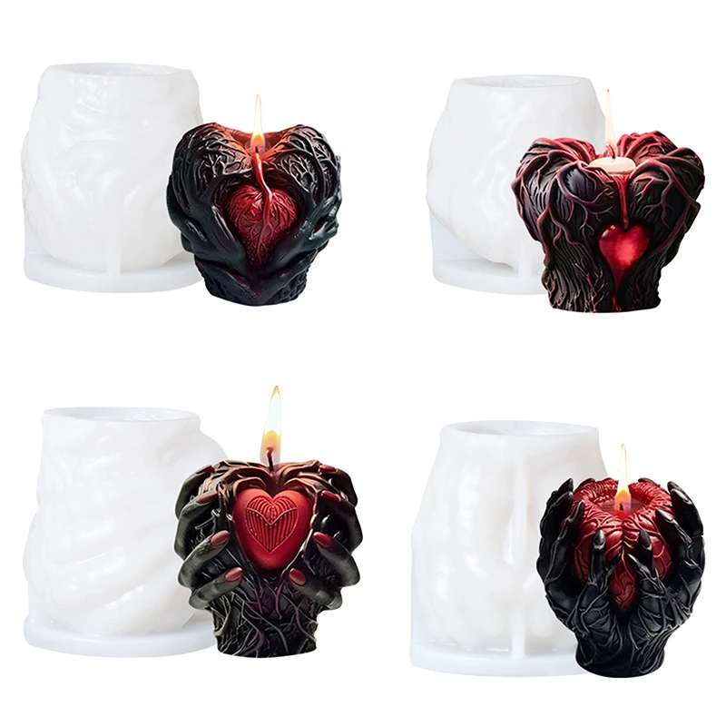 3D Halloween Holding Heart Scented Candle Silicone Mold Different Styles Holding Heart Shape Candle Mold Halloween Holiday Decor