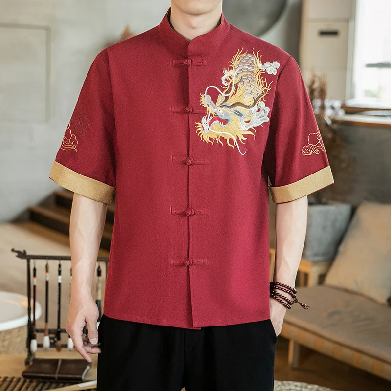 Embroidered Golden Dragon Men\'s Short Sleeve Shirts New Chinese Style Retro Stand Collar  Linen Cardigan Men\'s Kungfu Casual Top