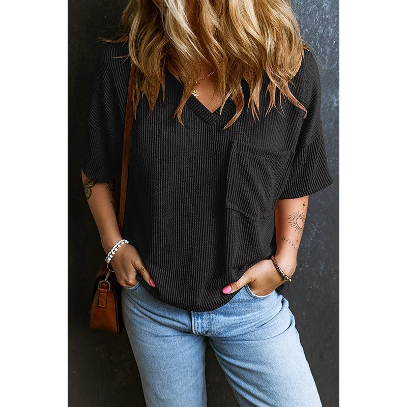 

Casual Loose Solid ColorVWomen's Pullover Sweater Summer New Twisted Thread Short SleeveTWomen's T-shirt