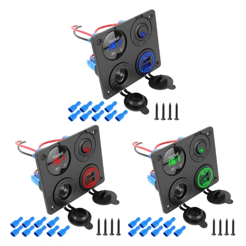 12V Auto Power Socket Panel With Current Monitor And Quick 3 1A USB Ports R6FB