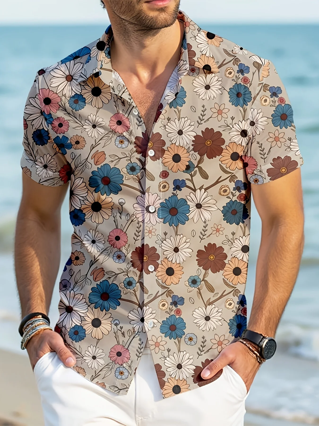 Retro Daisies Mixed Flower Botanical Pattern Unisex Short Sleeve Blouse Camp Collar Loose Vacation Shirt