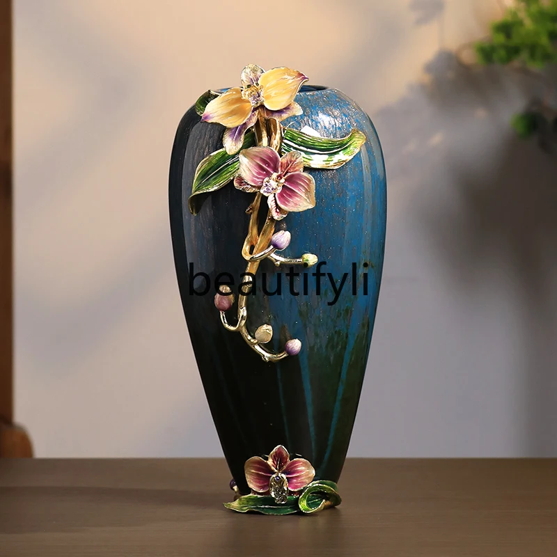 Enamel ceramic large vase handicrafts living room light luxury high-end high-end porcelain Chinese decorative ornaments