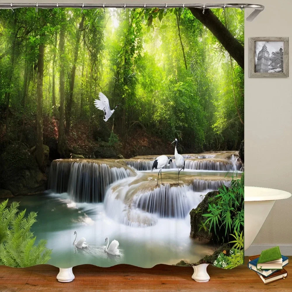 3D Natural Landscape Waterfall Forest Printed Bathroom Shower Curtain Polyester Waterproof Curtain with Hook Home Decor Curtain