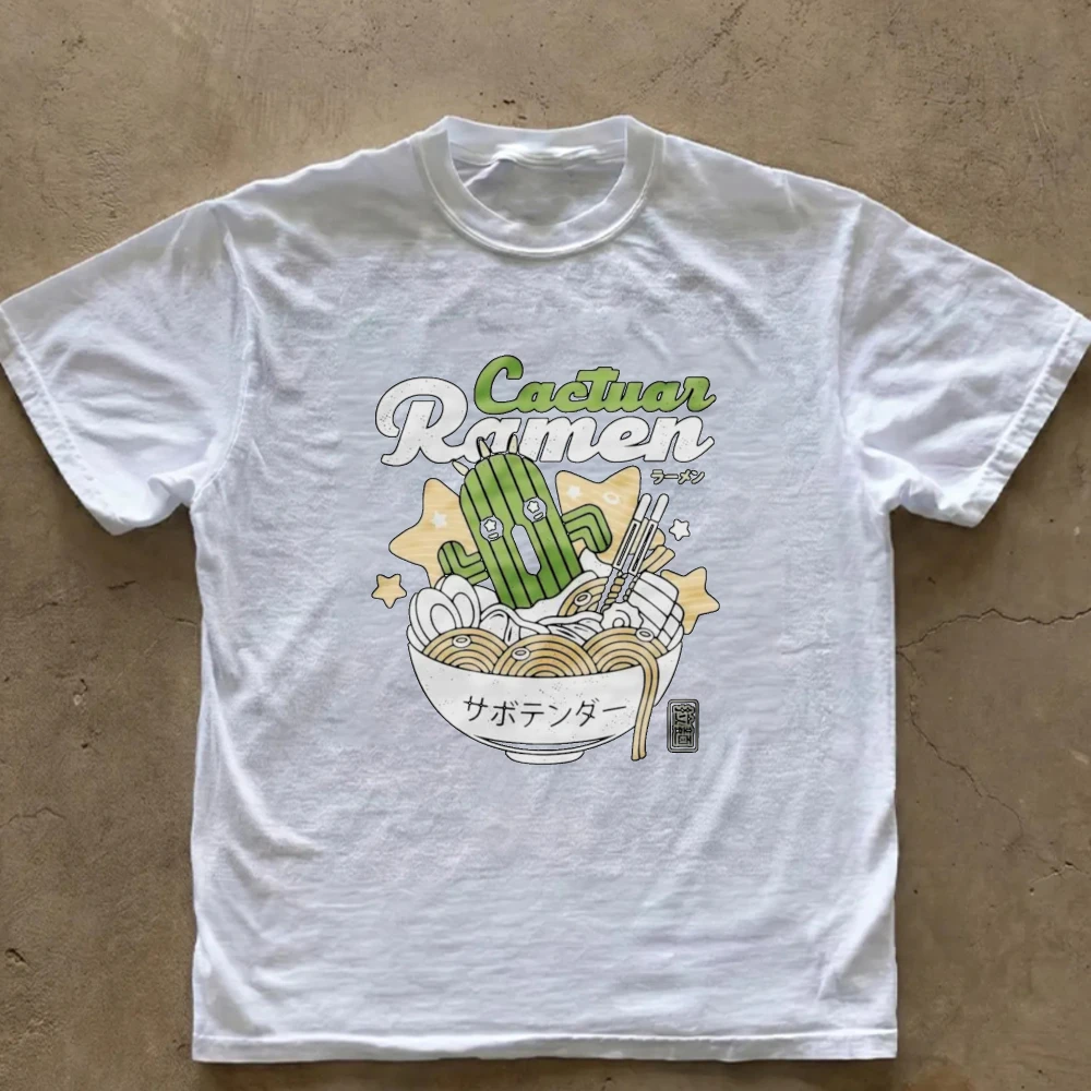 Cactuar Ramen Graphic T‑Shirt Final Fantasy Cactus Monster Japanese Noodle Bowl Retro Anime Art Print Soft Cotton Loose Tee Tops