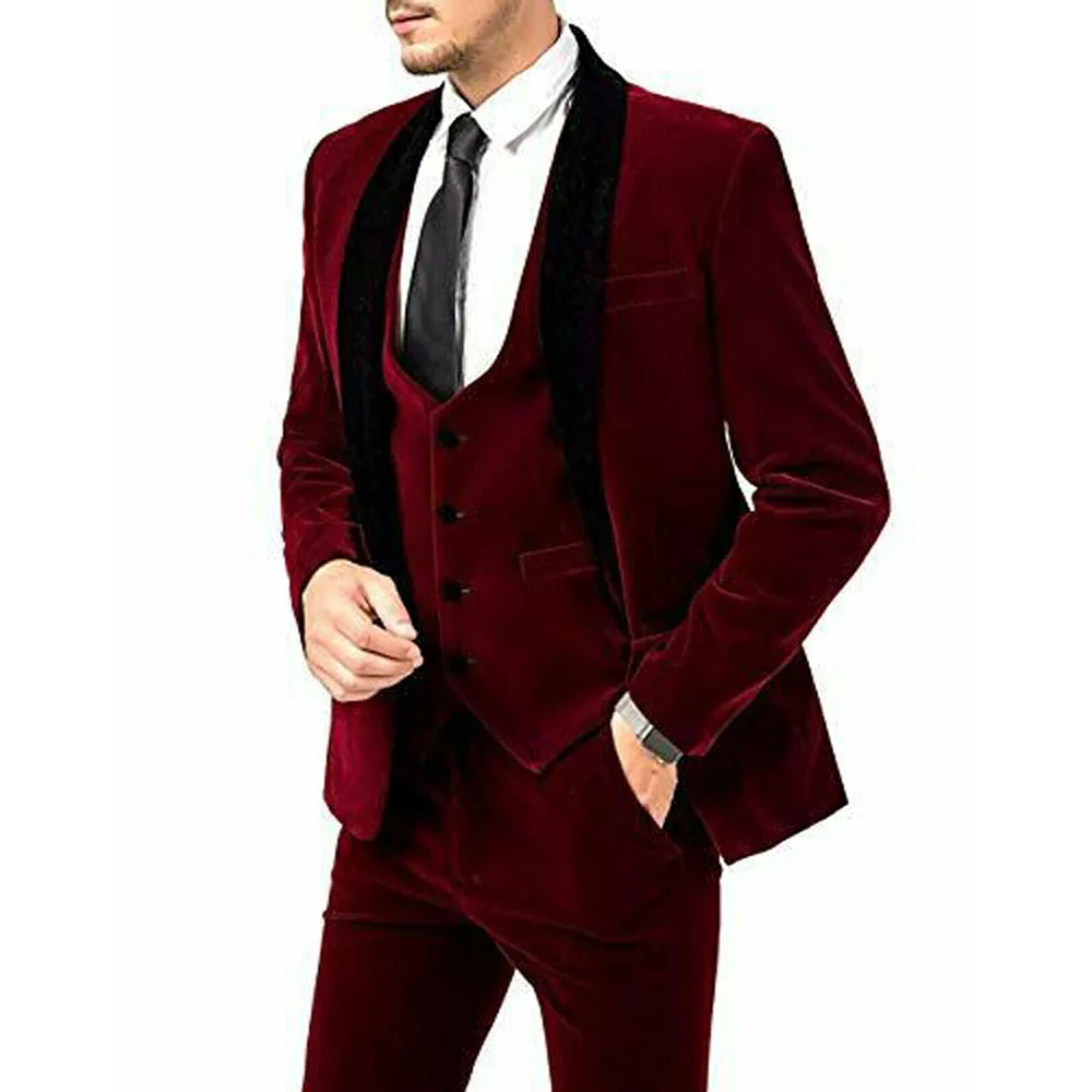 

STEVDITG Luxury Burgundy Suits Men Slim Fit Customized 3 Piece Jacket Pants Vest Black Shawl Lapel Velvet Ropa Hombre Clothing