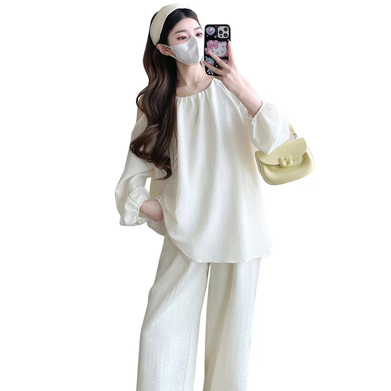 Traje de maternidad 2025, otoño, estilo francés, elegante, minimalista, perezoso, cuello redondo, Top con hombros descubiertos y pantalones de pierna ancha, conjunto de dos piezas