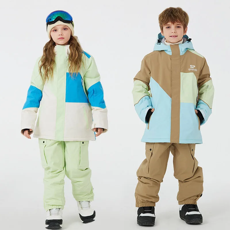 Traje de esquí para niños, conjunto de chaqueta con capucha y pantalones para snowboard, impermeable, transpirable, cálido, a prueba de viento, Invierno