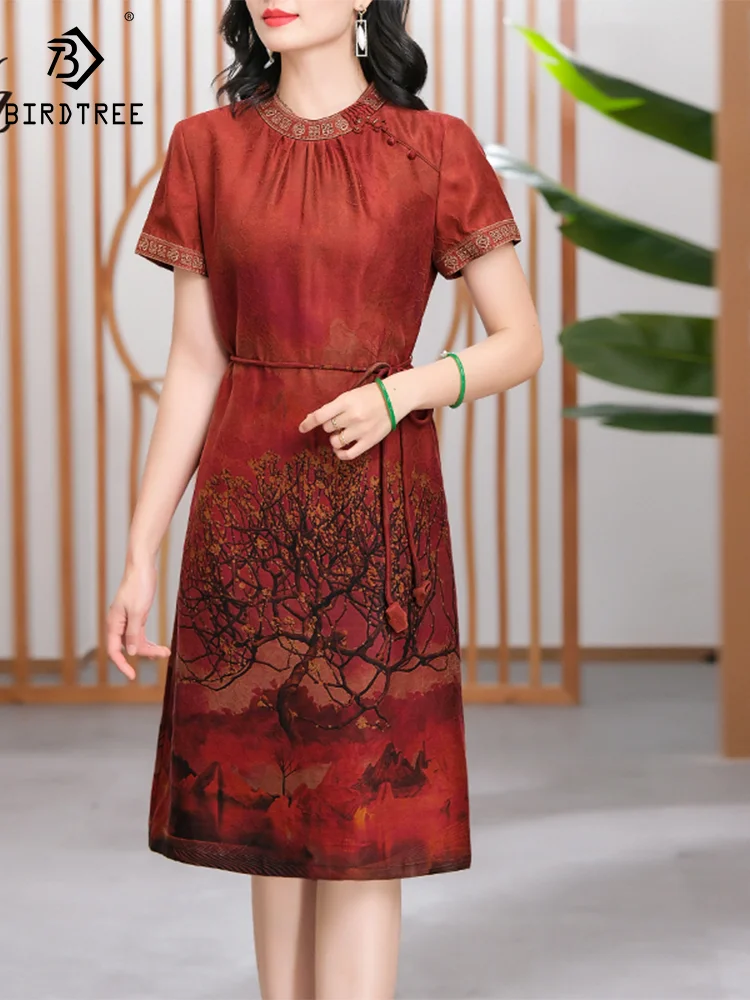 

BirdTree, 100%Real Silk Watered Gazue Elegant Dresses, Women Embroidery Printed, Vintage Chinese Dress, Spring Summer D44025QM