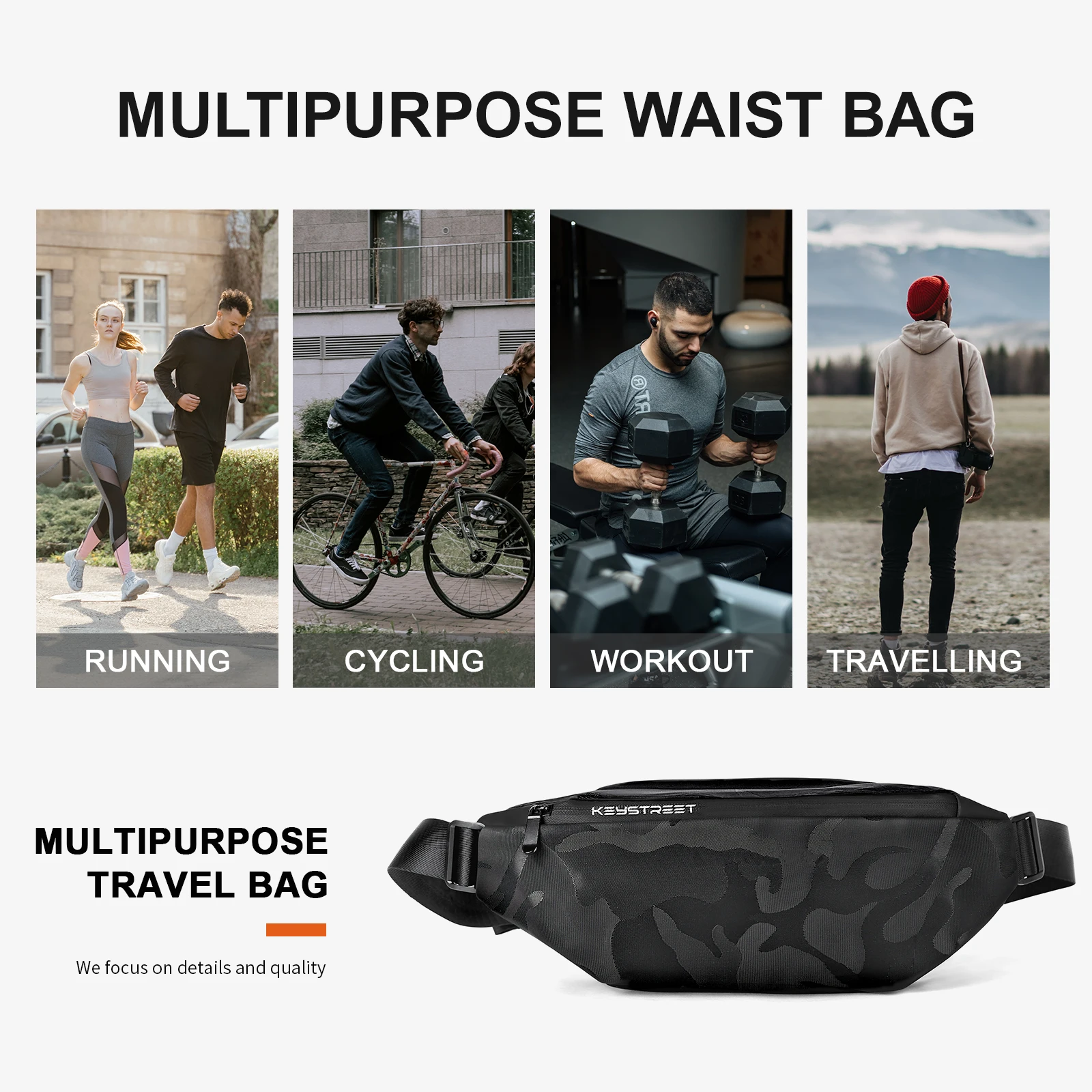 Sports crossbody bag, camo style Fanny pack, small shoulder bag, casual chest bag, outdoor riding crossshoulder bag,(black).