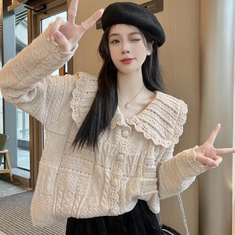 Autumn And Winter Goods Sensation Lazy Wind Soft Glutinous Heavy Industry Collar Twisted Flower Knitted Sweater For Women