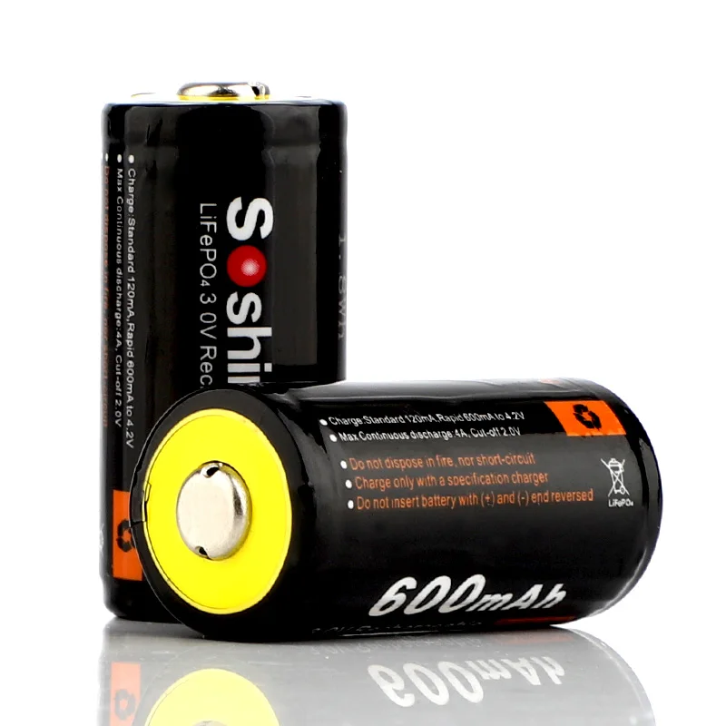 2Pcs Soshine 16340 RCR123 LiFePO4 Battery 3V 600mAh Rechargeable Protected Batteries With Battery Box