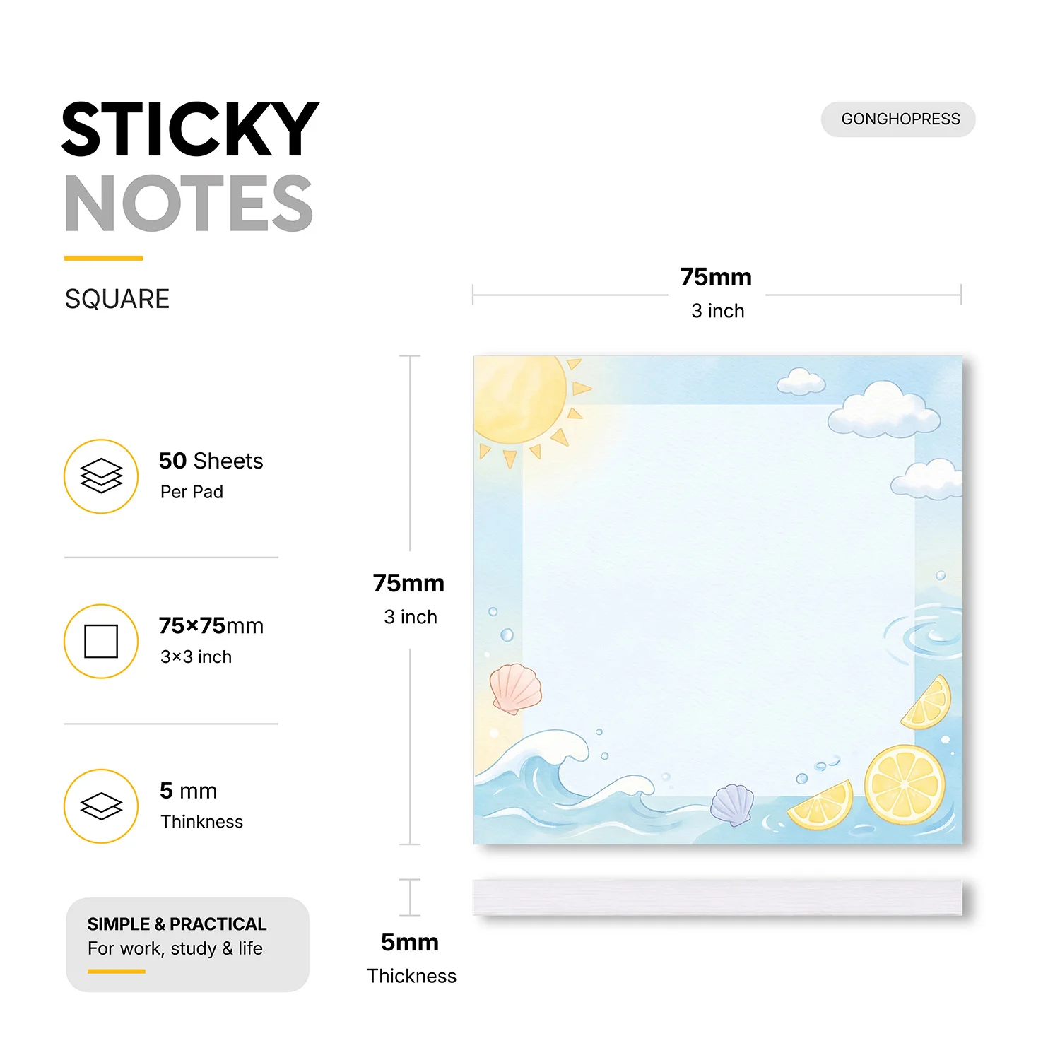 2pcs Summer Beach Sticky Notes, Ocean Wave Memo Pads, 100 Sheets Total, Removable Self-Adhesive Notes for Planner, To-Do List