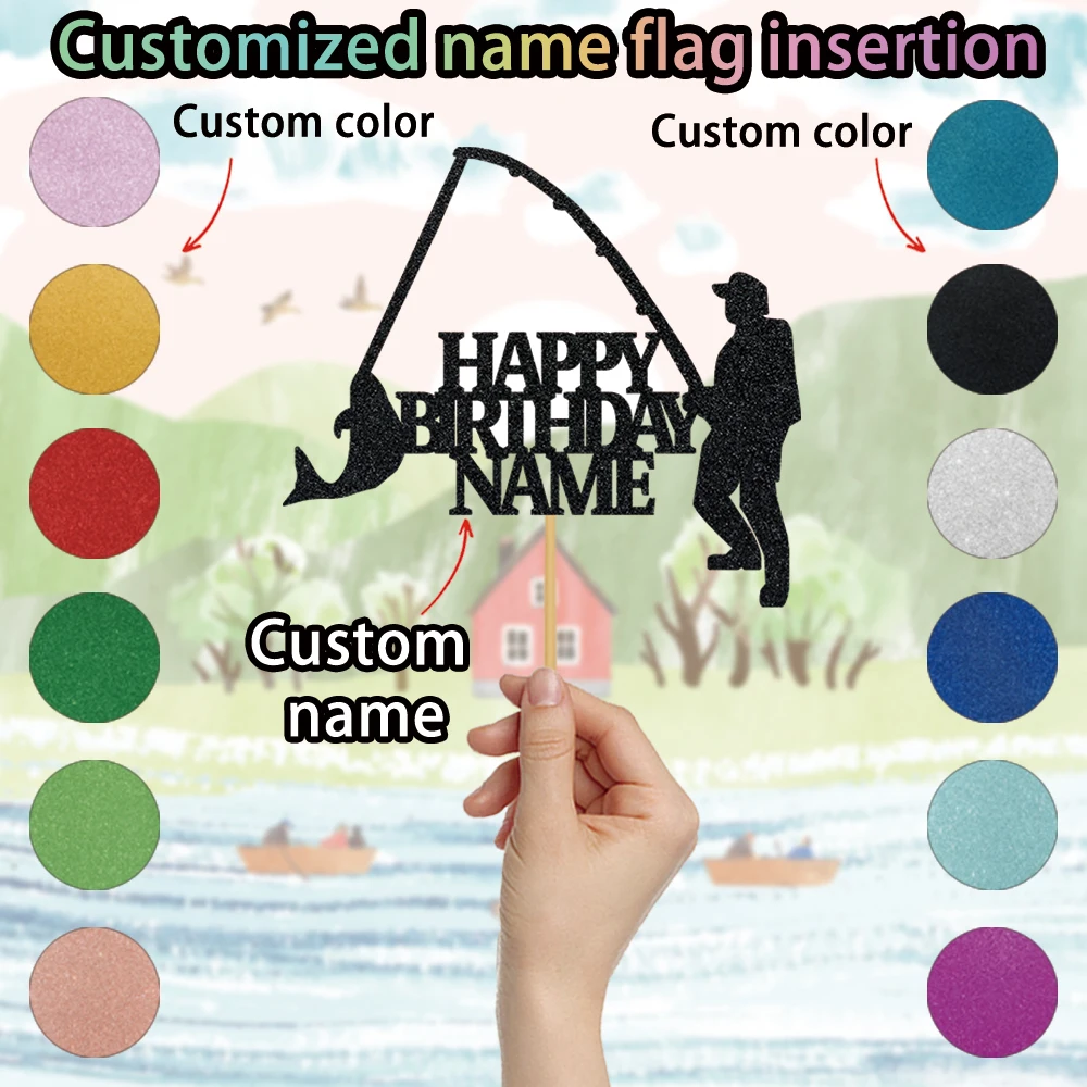 1 Stück individueller Geburtstagstortenaufsatz mit Anglermotiv und personalisierten Namen, perfekt für Geburtstagsfeiern für Angelbegeisterte.