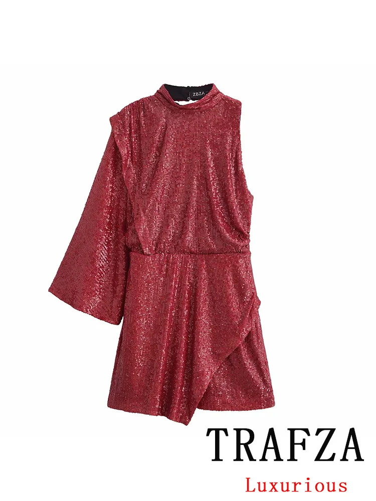 TRAFZA Vintage Casual Chic Red Women Party Dress Sequined Asymmetrical Backless Straight Vestido Fashion 2024 Evening Club Dress