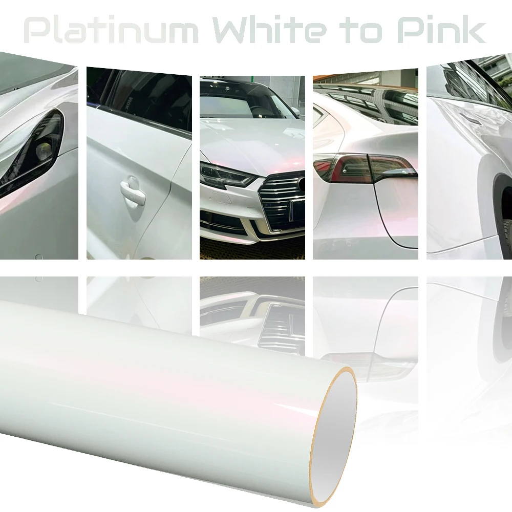 

Platinum Bright White to Pink Car Wrap Film Sticker Self-Adhesive Full Partial Vinyl Wrapping Cover for Auto Vehicle Motorcycle