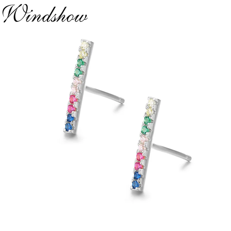 

Cute 925 Sterling Silver Gold Color Rainbow Colorful CZ Stone Bar Stud Earrings For Women Girls Jewelry Orecchini Aros