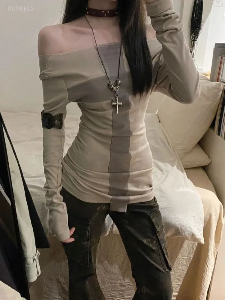 American Cross Patchwork Long Sleeve T-shirt Woman 2026 Early Autumn New Tops Mujer Y2k Slim Fit Bottoming Tees
