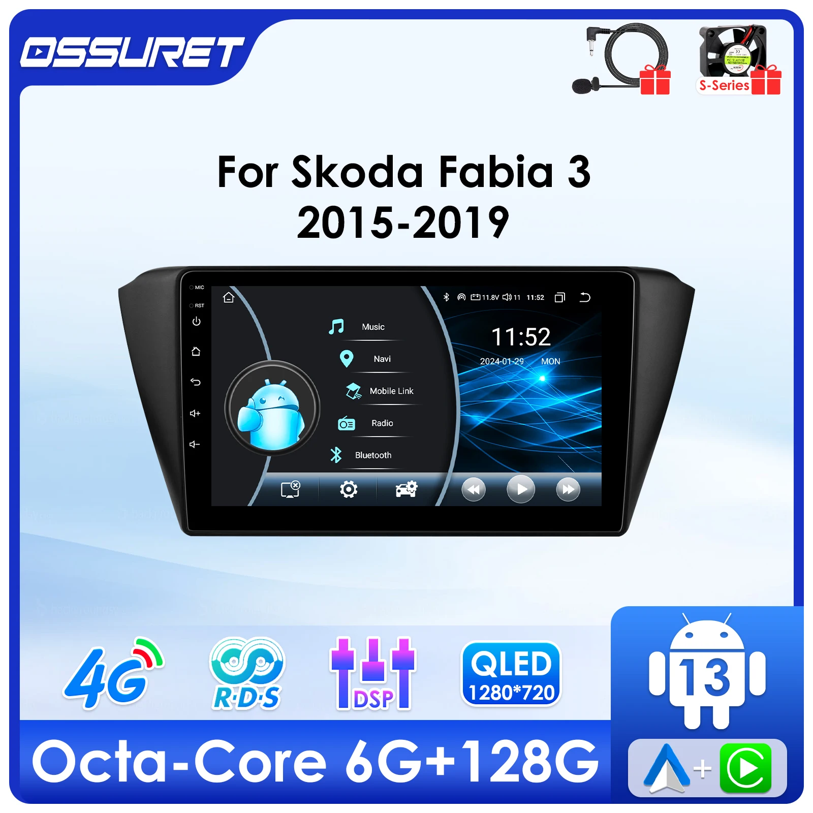 

9"Android 13 Autoradio Carplay For Skoda Fabia 3 III 2015-2019 multimedia player Car radio Stereo GPS navi head Unit Screen SWC