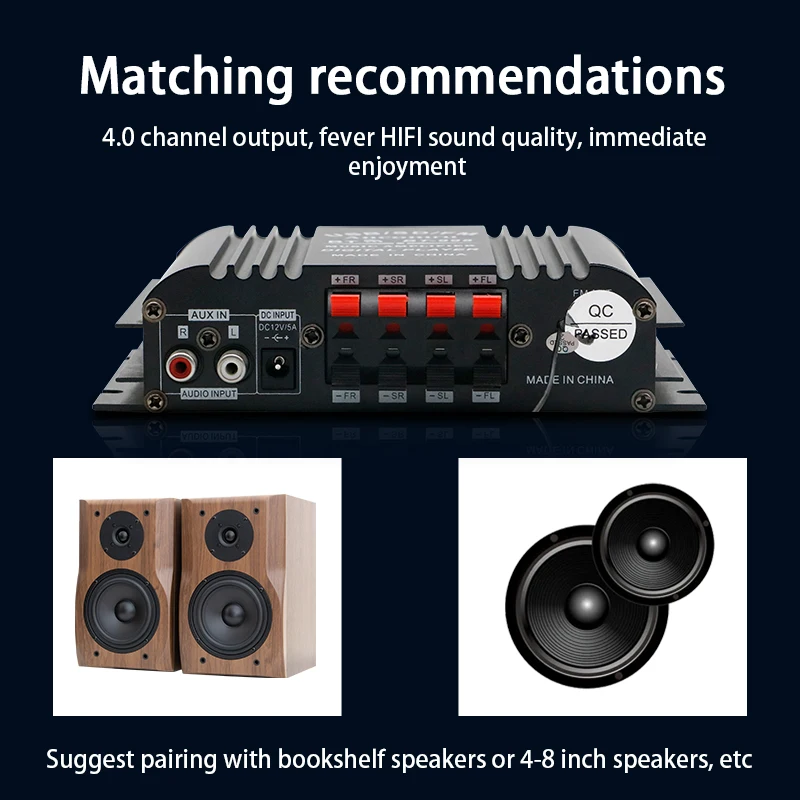 BT-998 4-Channel HiFi Audio Amplifier Bluetooth 5.0 Digital Sound Amp for Home Car Audio Systems Supports USB SD AUX LCD Display