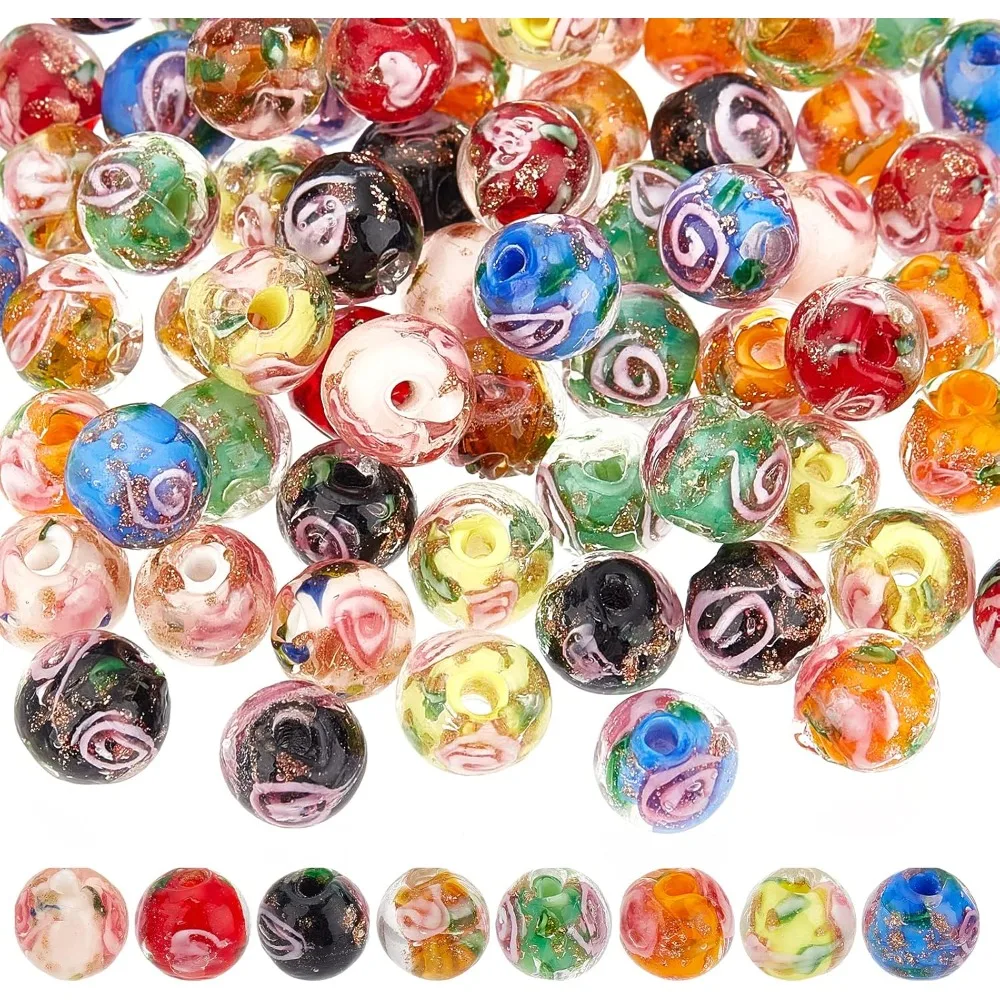 80 sztuk 8mm złoty piasek koraliki Lampwork szklane ręcznie robione wewnętrzne kwiatowe luźne koraliki okrągłe koraliki dystansowe do różańca tworzenia biżuterii