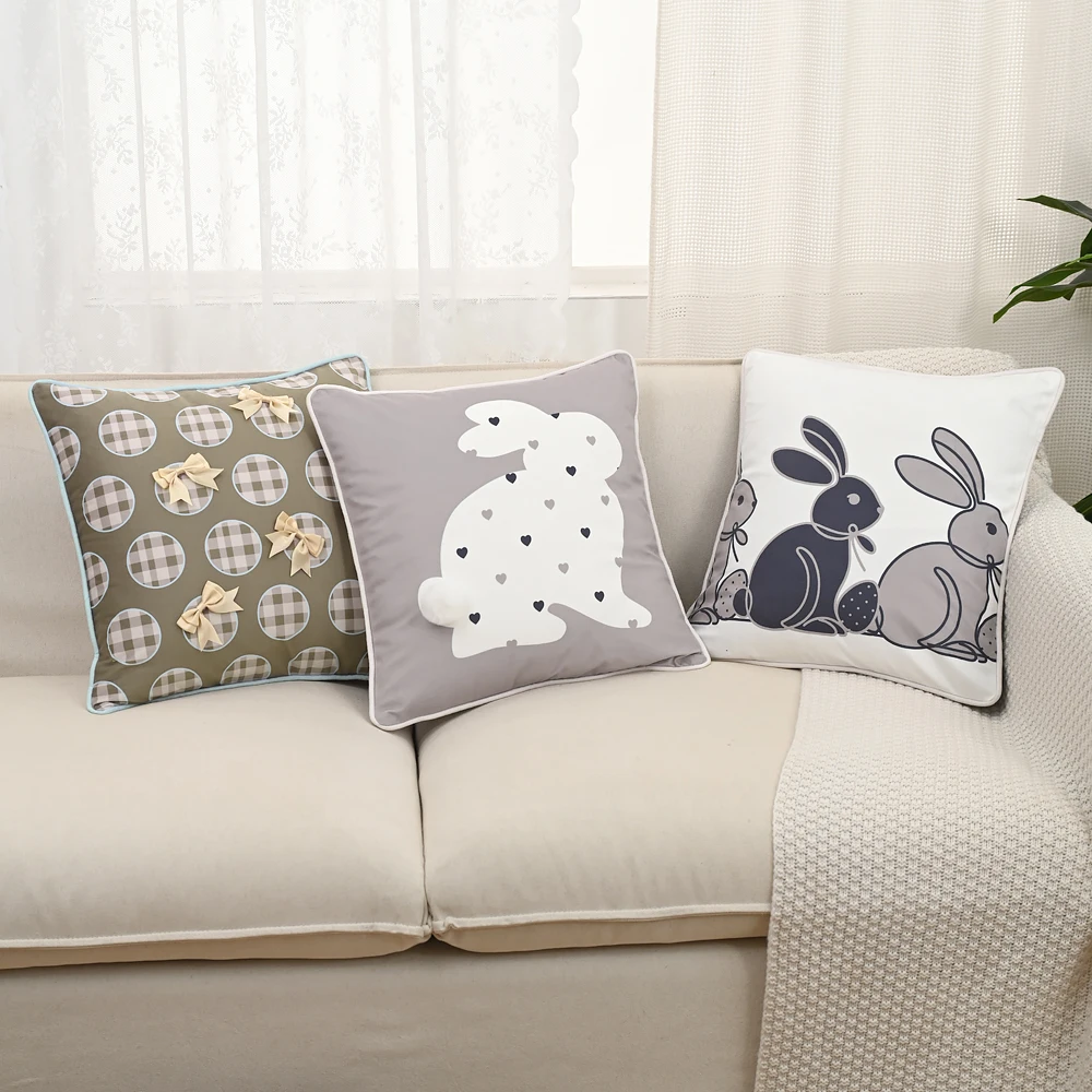 BUYNOW 1PC Easter Bunny and Easter Egg Print Piped Pillowcase Cute Living Room Sofa 18x18inch Cushion Cover Home Bedroom Decor