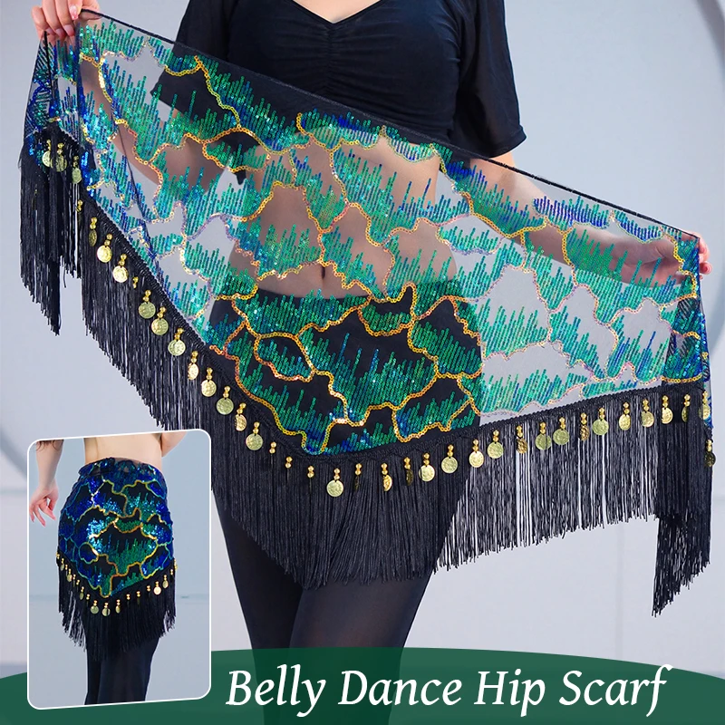 

Elegant Belly Dance Sequins Tassel Waist Hip Scarf Triangle Scarf Oriental Dance Practice Wrap Skirt Stage Performance Costume
