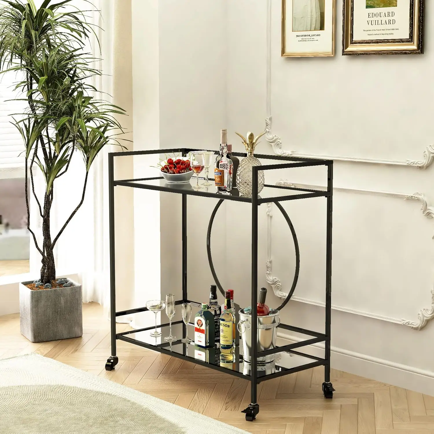 

RiteSune Black Bar Cart with Wheels, Vintage Serving Cart Wine Cart with 2 Mirror Shelves Liquor Bar Carts for Home Bar