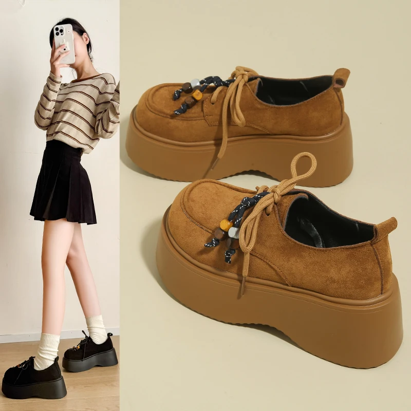 

Women's Platform High-heeled Loafers, Versatile Small Leather Shoes, Slip-resistant and Durable British-style Flat Casual Shoes