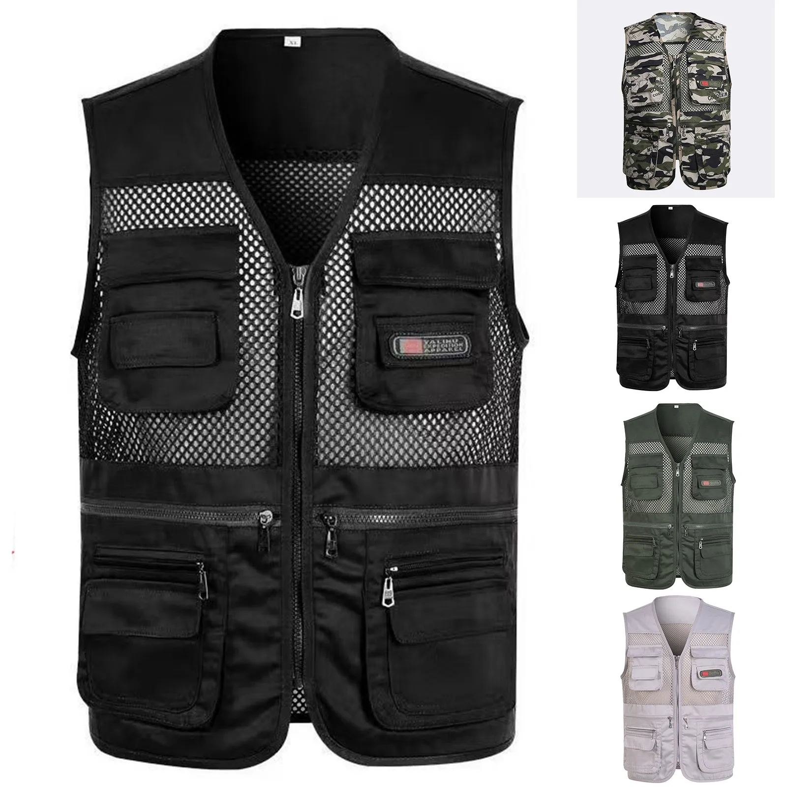 Men's Casual Outdoor Work Fishing Travel Photo Cargo Vest Jacket Multi Pockets No Hood Jacket