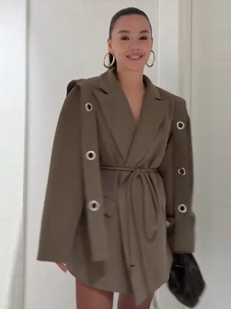 Damen Einfarbige V-Ausschnitt Schnürjacke mit Einzelknopf, Taschen, Langen Ärmeln, Locker Geschnitten, High-Street Casual Streetwear für Damen, Herbst 2026