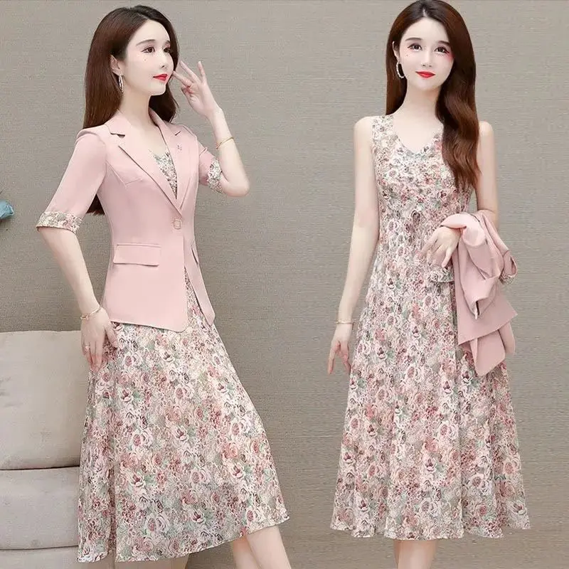 Women's Thin Blazers Floral Dress Set 2024 Summer New Casual Suit Jacket Mid Skirt Two-piece France Vintage Professional Wear