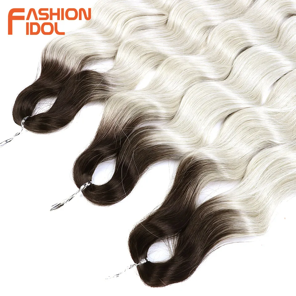 Extensiones de cabello trenzado de onda profunda sintética FASHION IDOL Lena, cabello trenzado de ganchillo con ondas de agua de 24 pulgadas, cabello falso Rubio degradado