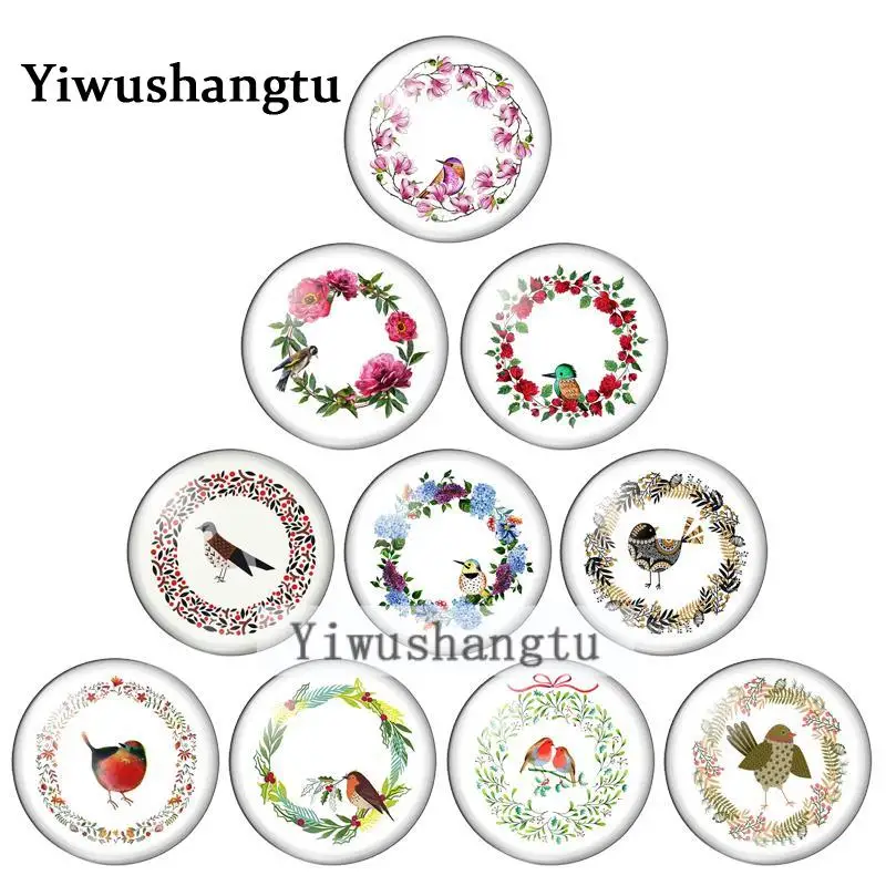 Wreaths of birds beauty flowers 12mm/20mm/25mm/30mm Round photo glass cabochon demo flat back Making findings