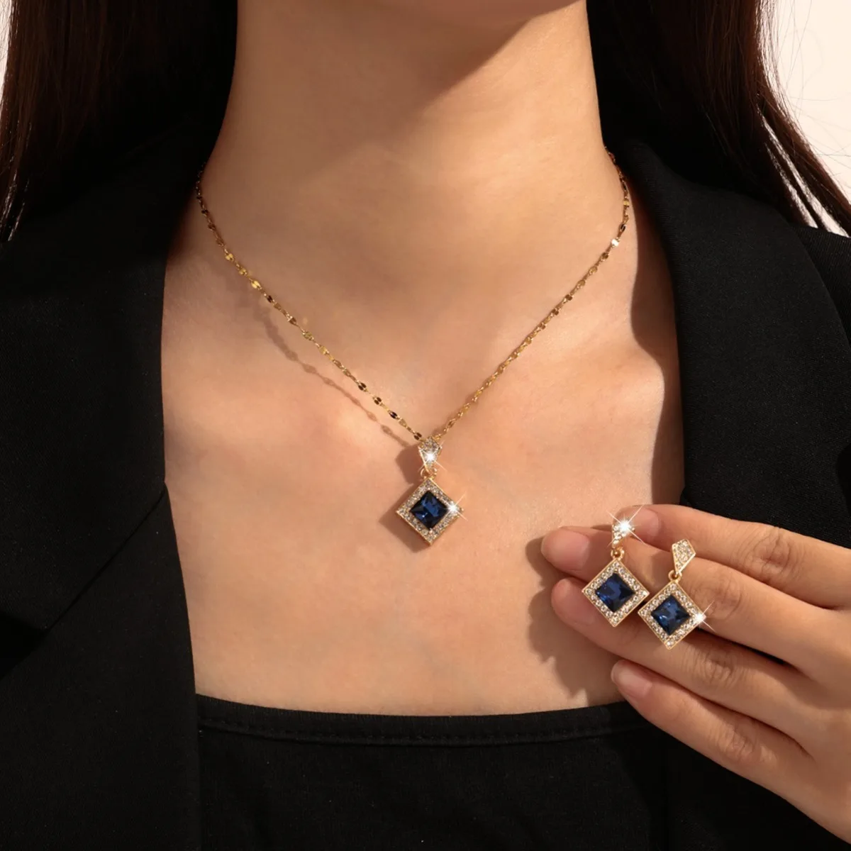 Gold Plated Blue Square Pendant Necklace Earrings Set 2Pcs Elegant Formal Crystal Jewelry Christmas Gift for Her