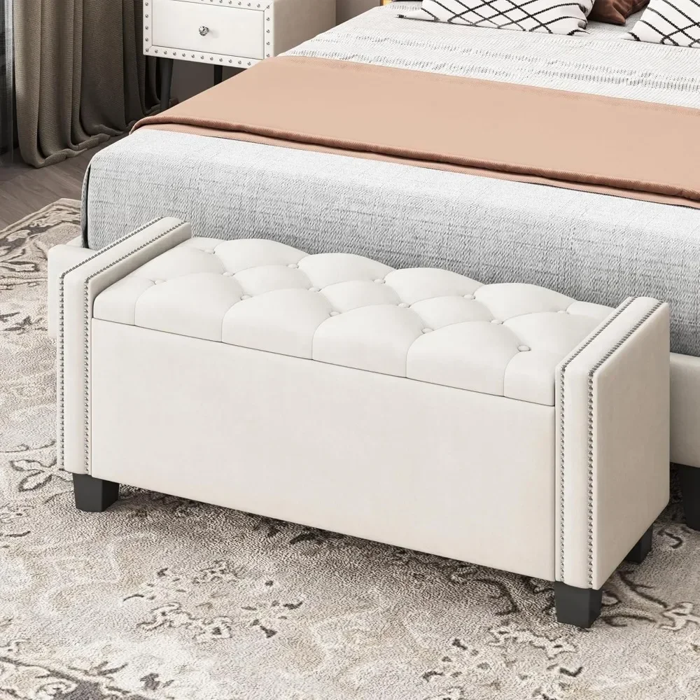 Velvet Storage Ottoman Bench for Bedroom, End of Bed Bench with Rivet Design, Tufted Foot Rest Stool