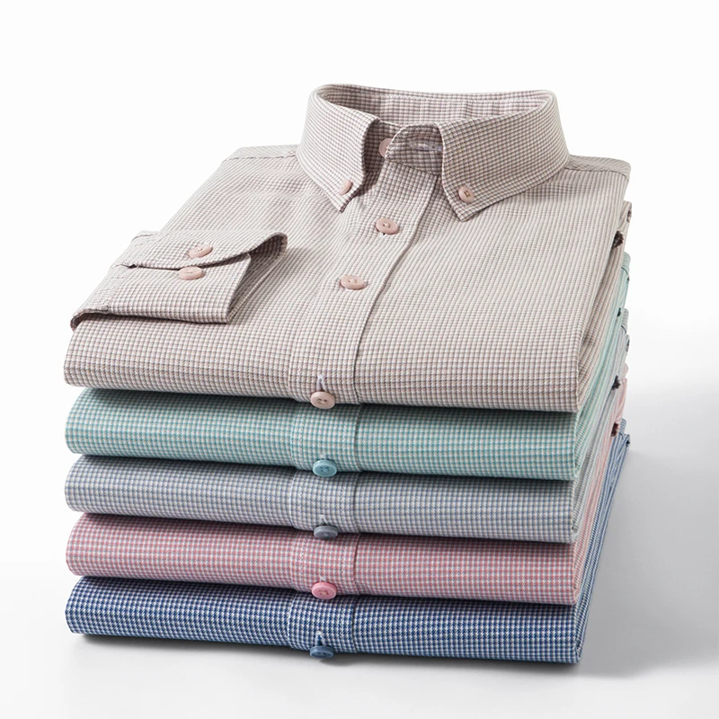 

Hight quality Lyocell Linen plaid long sleeve shirts for men slim fit casual shirt soft houndstooth fashion korean clothes