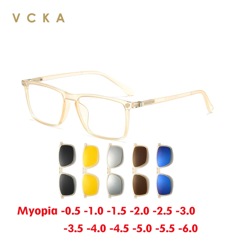 

VCKA 1+5 Transparent Frame Square Polarized Myopia Sunglasses Driving Optical Magnetic Prescription Glasses Men Women -0.5~-6.0