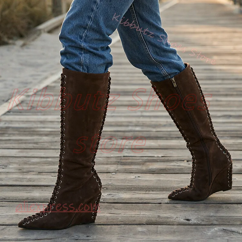 Side Lace Up Boots Knee High Wedge Pointed Toe Hollow Out Punk Goth Western Grunge Zipper Back Pull On Fashion Footwear Leather