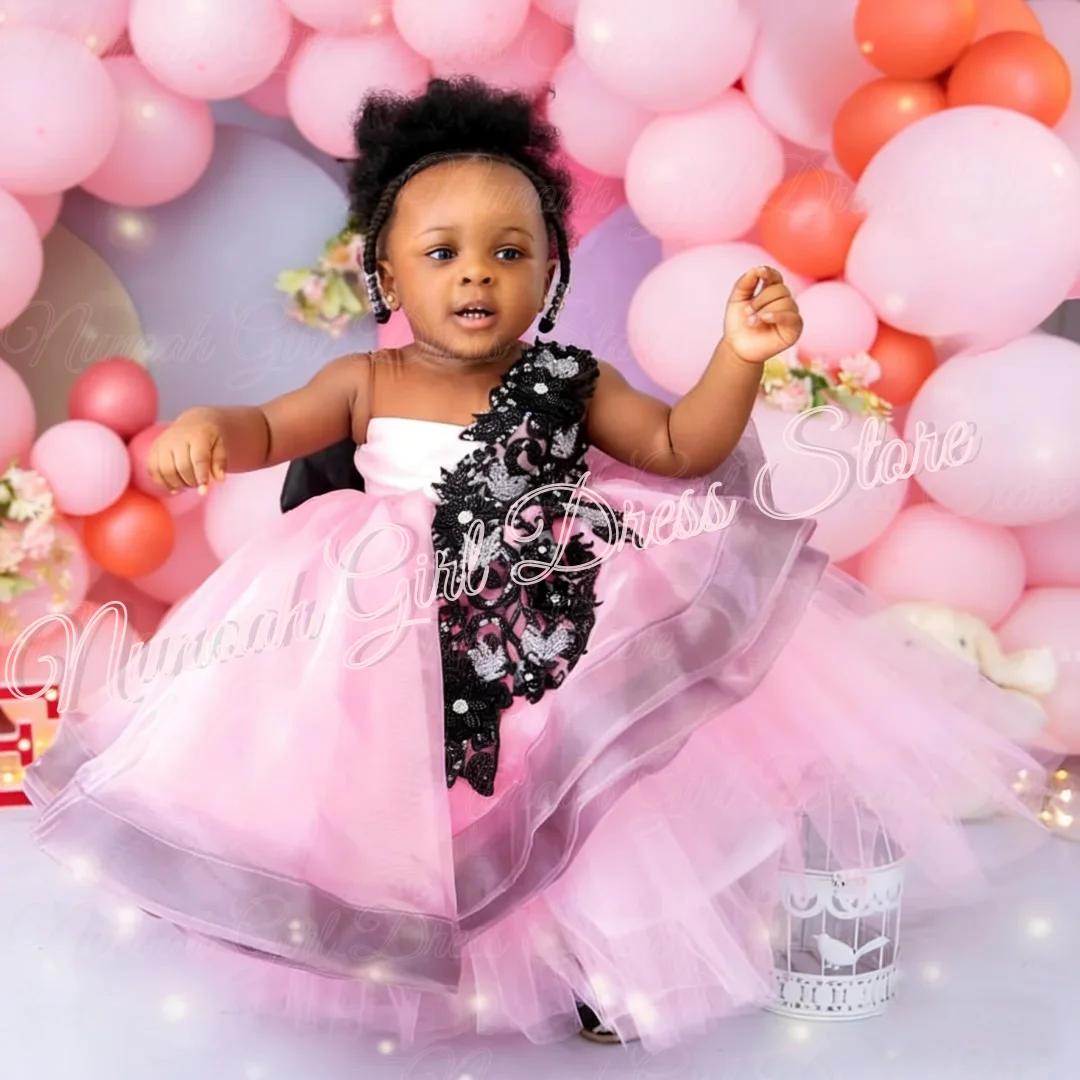 

Pink Flower Girl Dress For Wedding with Bow Lace Appliques Sleeveless Girl Birthday Party First Holy Communion Gown Customized