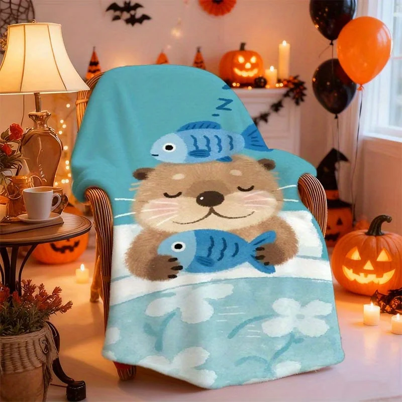 1pc Cozy Plush Flannel Blanket - Beaver & Fish Forest Animal Print in Green/Brown/Beige Tones, All-Season Soft Bedspread, Wrinkl