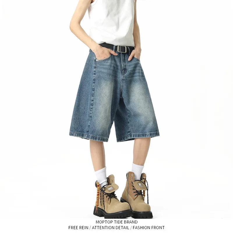 

American Retro Men's Denim Shorts Summer New Loose Straight Leg High Street Trend Five-Point Mid-Calf Pants Straight Leg Jeans