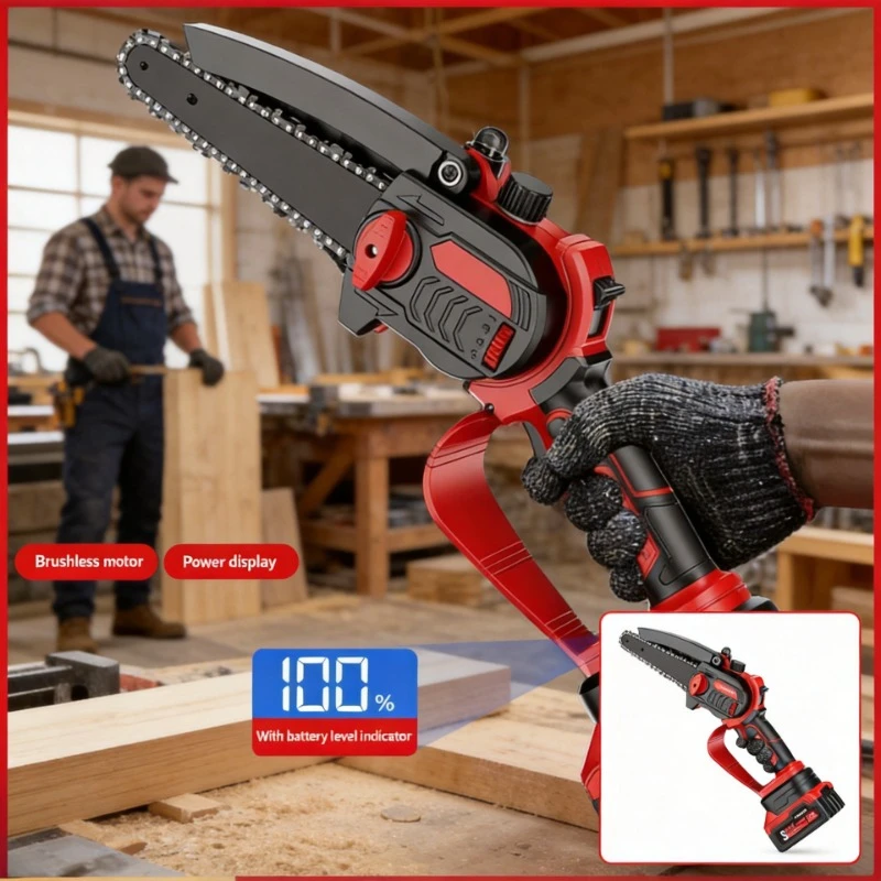 One-Hand Mini Rechargeable Lithium Electric Chainsaw for Outdoor Tree Cutting