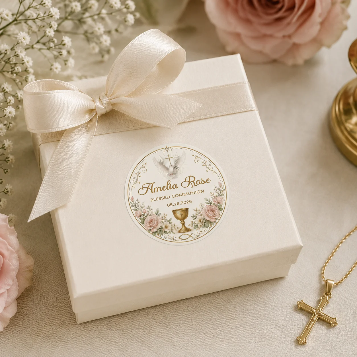 Pegatinas Redondas Personalizadas para Comunión y Bautizo, con Opción de Agregar Texto como Nombres y Fechas, Etiquetas de Regalo Personalizadas para Bautizo, Tarjetas de Regalo, Aptas para Decoración de Fiestas, Comuniones, etc.