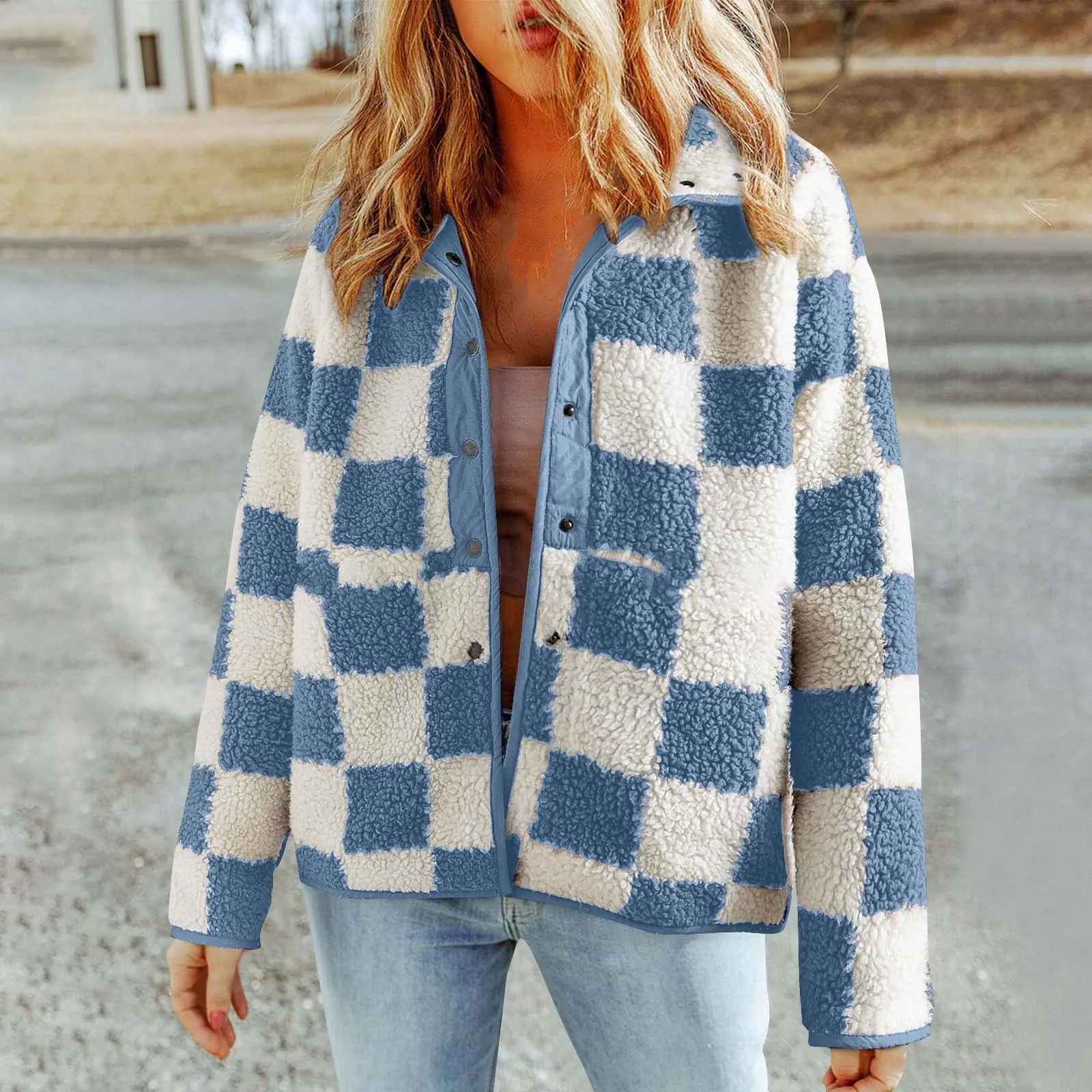 Women Fleece Plaid Jackets Patchwork Contrast Color Oversized Lapel Plush Shacket Fall Winter Warm Button Down Outwear Pockets