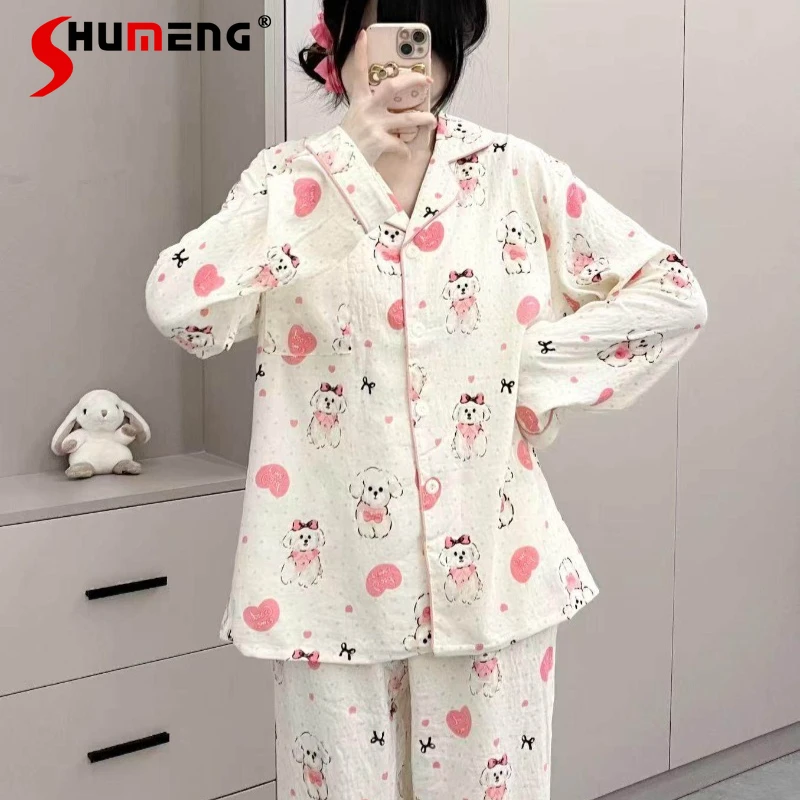 

Милый весенне-осенний комплект с длинными рукавами и брюками, женская пижама с мультяшным принтом, женский домашний костюм в японском стиле, свободный крой