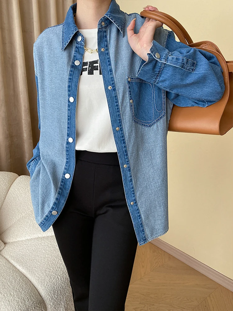 [LANMREM] Fashion Washed Contrast Color Denim Shirt Women Lapel Single Breasted Office Lady Blouses 2024 Autumn New 26C133