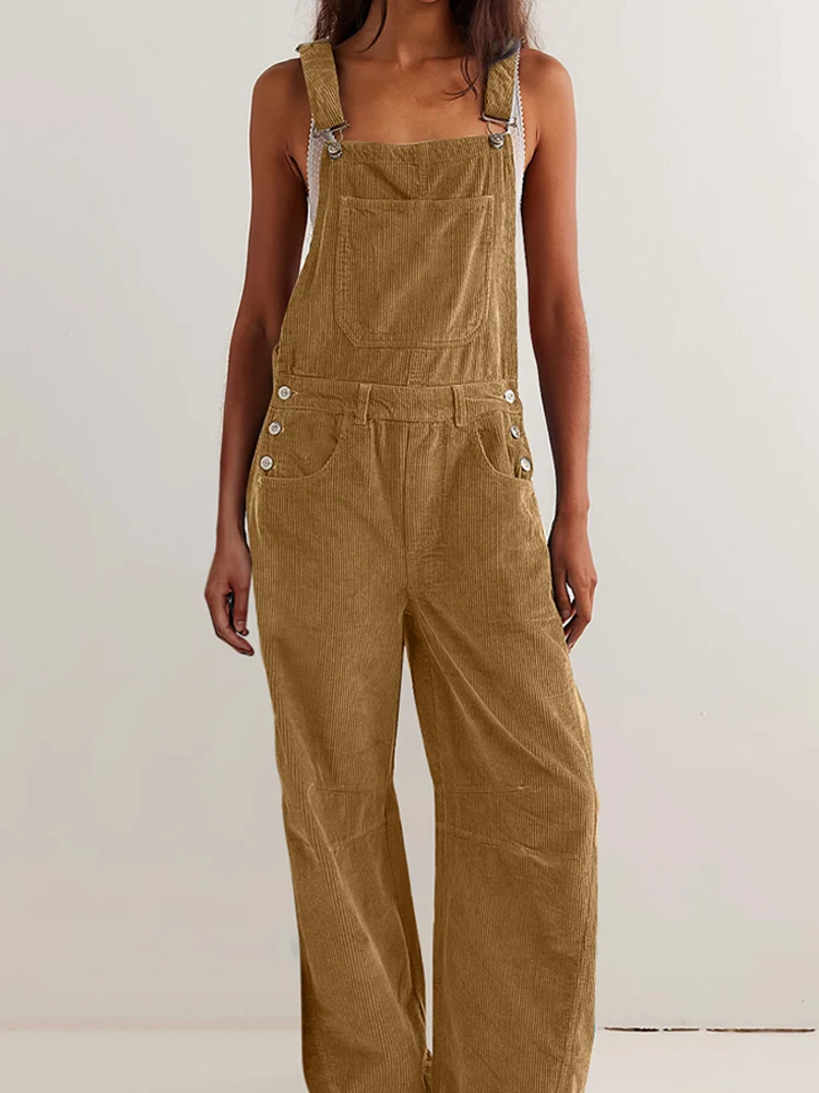 

Fashion Street Pocket Solid Playsuits Overalls Elegant Off Shoulder Suspenders Jumpsuits Women Sexy Sleeveless Corduroy Rompers