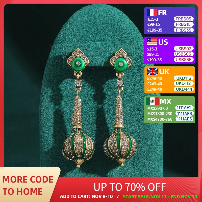 

Антикварный воздушный шар, длинные висячие серьги-подвески для женщин, зеленые стразы, ретро, золотой цвет, винтажные дизайнерские ювелирные изделия, роскошные