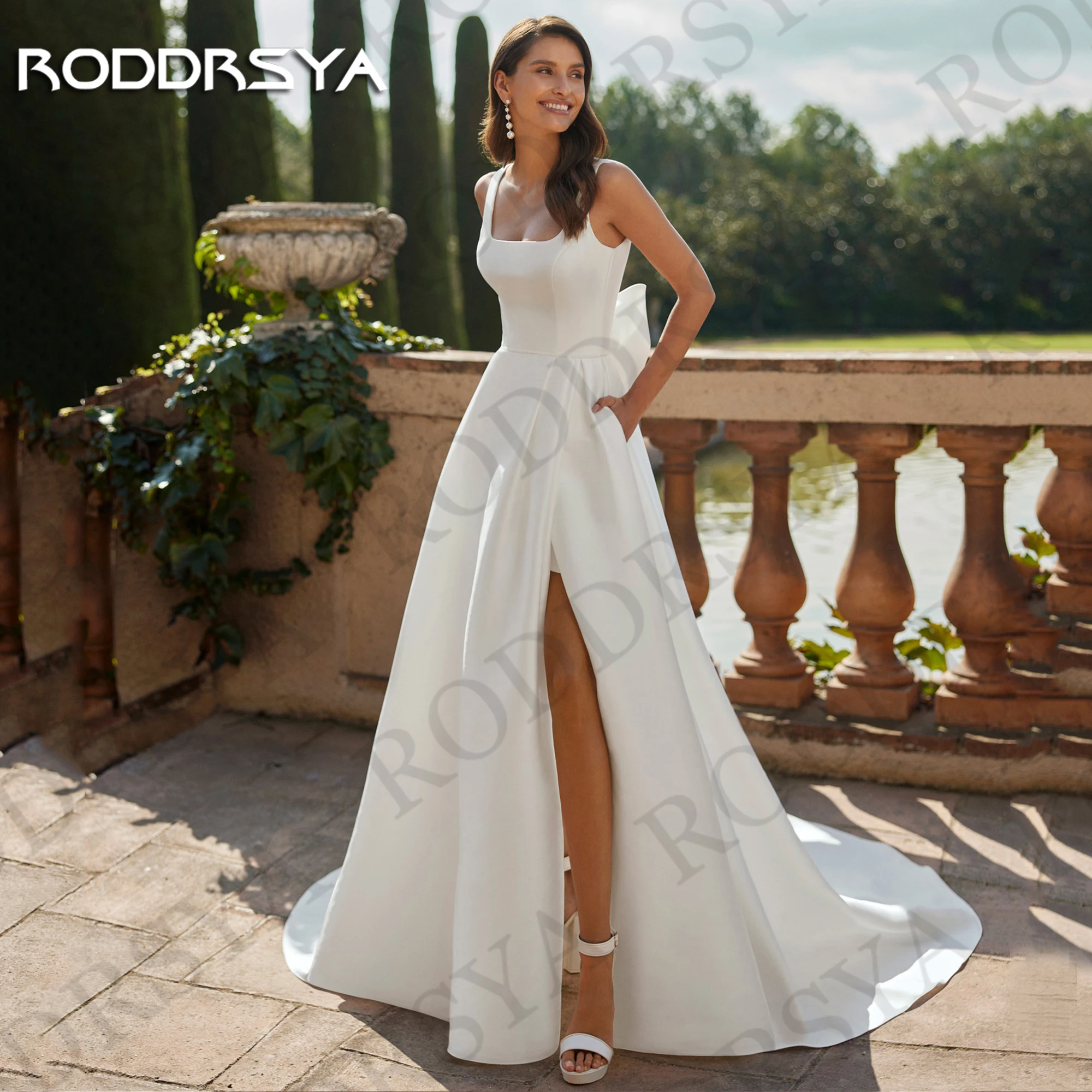 RODDRSYA abito da sposa in raso personalizzato una linea elegante abito da sposa con collo quadrato donna Backless Split Abito da sposa personalizzato in raso A Line Elegante scollo quadrato abito da sposa delle donne