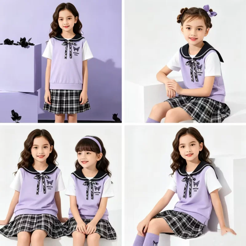 

Sanrio Kuromi Kids Jk Dress Kawaii New Summer Short Sleeves Girl Y2K Cartoon Princess Pleated Skirt College Style Child Clothing